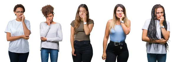 Collage Grupo Mujeres Jóvenes Sobre Fondo Aislado Mirando Estresado Nervioso —  Fotos de Stock