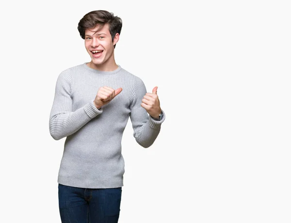 Giovane Bell Uomo Che Indossa Maglione Invernale Sfondo Isolato Indicando — Foto Stock