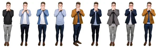 Koláž Pohledný Mladý Obchodní Muž Nosí Různé Vzhledy Bílé Izolované — Stock fotografie