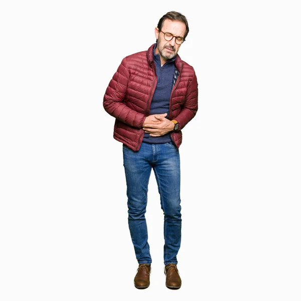 Middle Age Handsome Man Wearing Glasses Winter Coat Hand Stomach — Stock Photo, Image