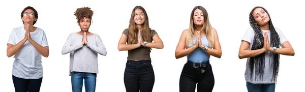 Collage Groupe Jeunes Femmes Sur Fond Isolé Mendier Prier Avec — Photo