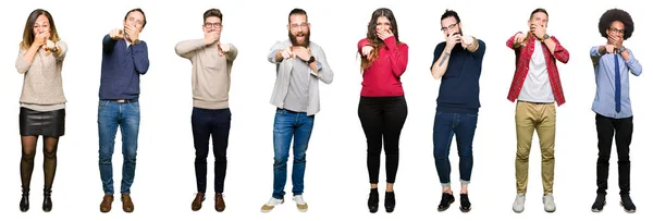 Collage Personer Över Vita Isolerade Bakgrunden Skratta Pekar Till Kameran — Stockfoto