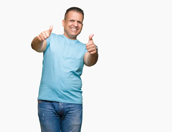 Medelåldern Arabisk Man Klädd Blå Shirt Över Isolerade Bakgrund Godkänna — Stockfoto
