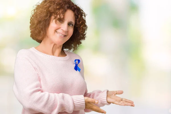 Middle Ager Senior Woman Wearing Changeable Blue Color Ribbon Awareness — Stock Photo, Image