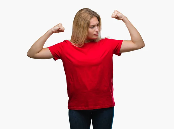 Young Caucasian Woman Isolated Background Showing Arms Muscles Smiling Proud — Stock Photo, Image