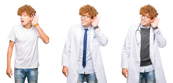 Collage Joven Doctor Vestido Con Abrigo Médico Sobre Fondo Blanco —  Fotos de Stock