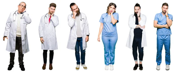 Colagem Grupo Médicos Cirurgiões Pessoas Sobre Fundo Isolado Branco Pensando — Fotografia de Stock