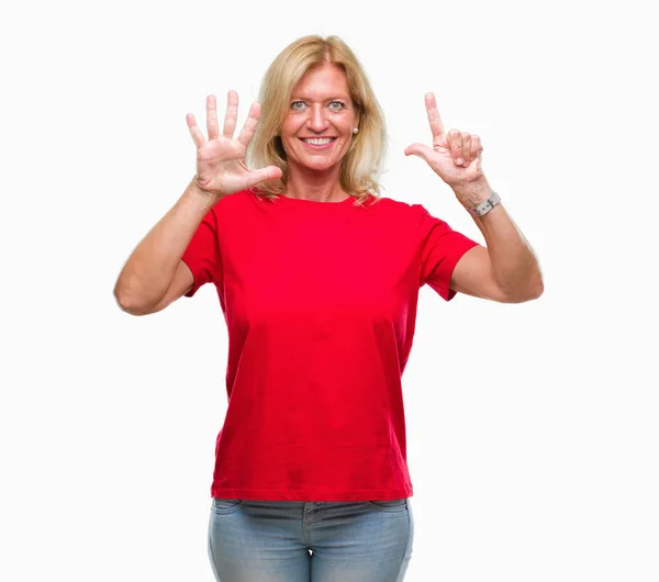 Blonde Vrouw Van Middelbare Leeftijd Geïsoleerde Achtergrond Weergeven Met Vingers — Stockfoto