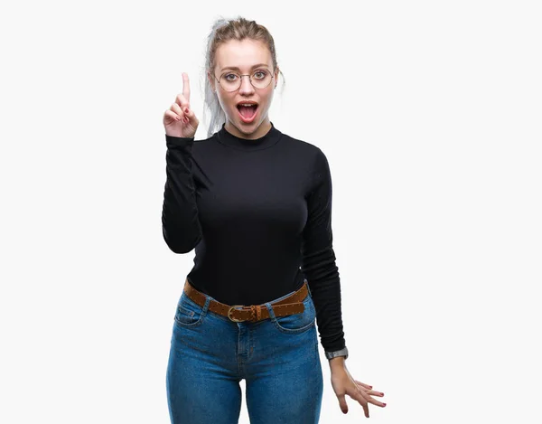 Young Blonde Woman Wearing Glasses Isolated Background Pointing Finger Successful — Stock Photo, Image