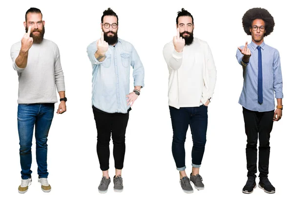 Collage Gruppen Unga Män Över Vit Isolerade Bakgrund Visar Långfingret — Stockfoto
