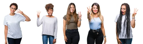 Collage Grupo Mujeres Jóvenes Sobre Fondo Aislado Mostrando Apuntando Hacia — Foto de Stock