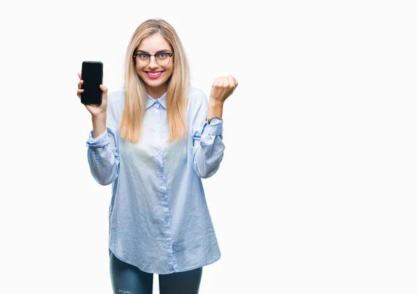 Genç Güzel Sarışın Kadın Gösteren Ekran Smartphone Gurur Çığlık Zafer — Stok fotoğraf