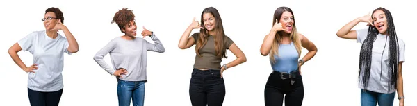 Collage Van Groep Jonge Vrouwen Geïsoleerde Achtergrond Doen Glimlachen Telefoon — Stockfoto