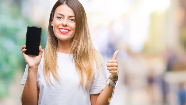 Giovane Bella Donna Che Mostra Schermo Bianco Dello Smartphone Sfondo — Foto Stock