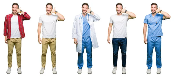 Collage Atractivo Joven Sobre Fondo Blanco Aislado Sonriendo Haciendo Gesto — Foto de Stock