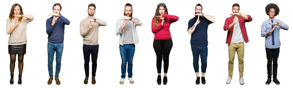 Collage Van Mensen Witte Geïsoleerde Achtergrond Doen Time Out Gebaar — Stockfoto