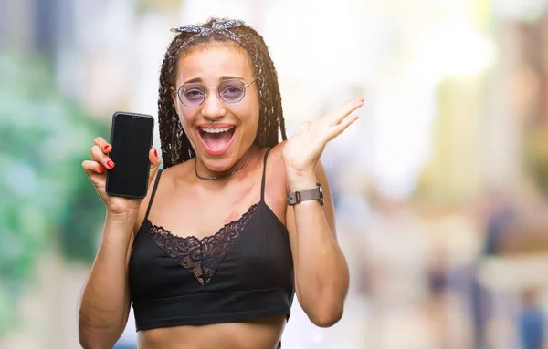 Young Braided Hair African American Birth Mark Showing Smartphone Screen — Stock Photo, Image