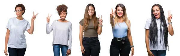 Collage Grupo Mujeres Jóvenes Sobre Fondo Aislado Mostrando Apuntando Hacia —  Fotos de Stock