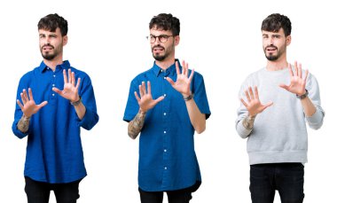 İzole arka plan korkuyor ve dehşet korku ifade dur hareketi el ile ile genç adam şokta bağırarak kolaj. Panik kavramı.