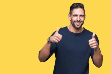 El ile pozitif jest yapıyor izole arka plan başarı işareti üzerinde kazak giyen genç yakışıklı adam başparmak gülümseyen ve mutlu. Neşeli bir ifadeyle, kazanan jest kameraya bakıyor.