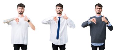 Kolaj izole arka plan yapmaya başparmak yukarı ve aşağı, anlaşmazlık ve anlaşma ifade üzerinde genç adam. Deli çatışma