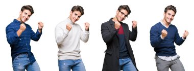 Gülümseyen ve başarı için çığlık genç yakışıklı iş adamı izole arka plan çok mutlu ve heyecanlı kaldırdı, silah ile kazanan jest yapıyor üzerinde kolaj. Kutlama kavramı.