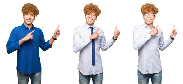 Collage Unga Bussines Man Med Lockigt Hår Glasögon Över Isolerade — Stockfoto