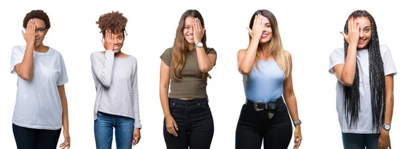 Colagem Grupo Mulheres Jovens Sobre Fundo Isolado Cobrindo Olho Com — Fotografia de Stock