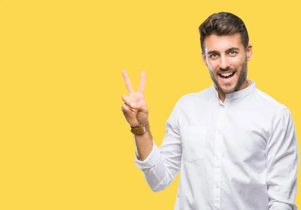 Joven Hombre Guapo Sobre Fondo Aislado Sonriendo Con Cara Feliz —  Fotos de Stock