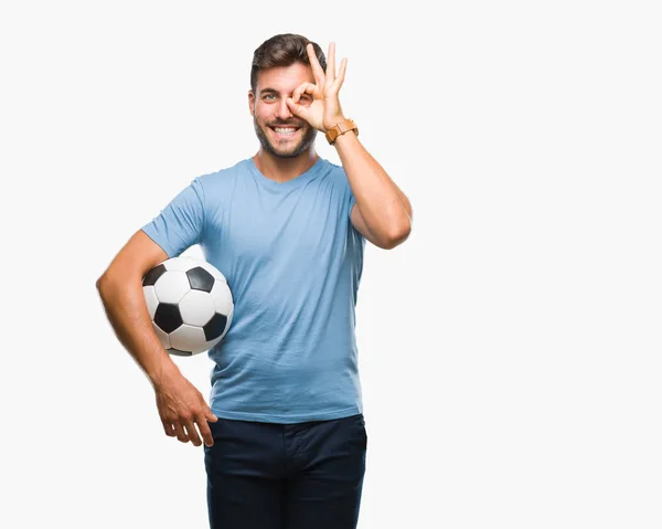 Jovem Homem Bonito Segurando Bola Futebol Sobre Fundo Isolado Com — Fotografia de Stock