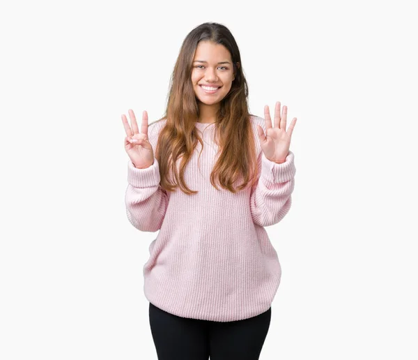 손가락으로 가리키는 분홍색 스웨터를 자신감과 — 스톡 사진