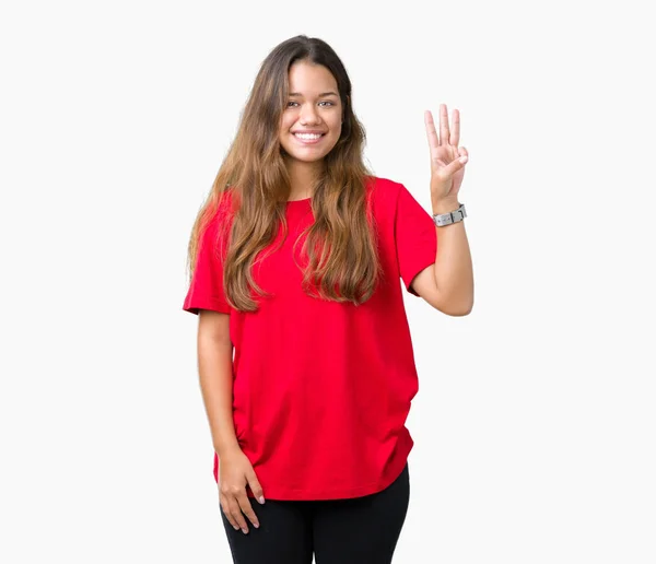 Jonge Mooie Brunette Vrouw Met Rode Shirt Geïsoleerde Achtergrond Weergeven — Stockfoto