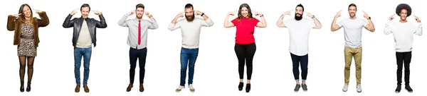 Collage Personas Sobre Fondo Blanco Aislado Sonriendo Apuntando Cabeza Con — Foto de Stock