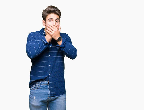 Young Handsome Man Wearing Navy Shirt Isolated Background Shocked Covering — Stock Photo, Image