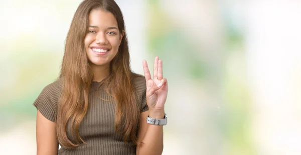 Joven Hermosa Morena Sobre Fondo Aislado Mostrando Apuntando Hacia Arriba — Foto de Stock