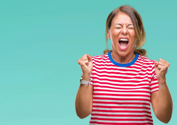 Donna Ispanica Anziana Mezza Età Sfondo Isolato Che Celebra Pazzo — Foto Stock