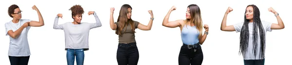 Collage Gruppo Giovani Donne Sfondo Isolato Mostrando Muscoli Delle Braccia — Foto Stock