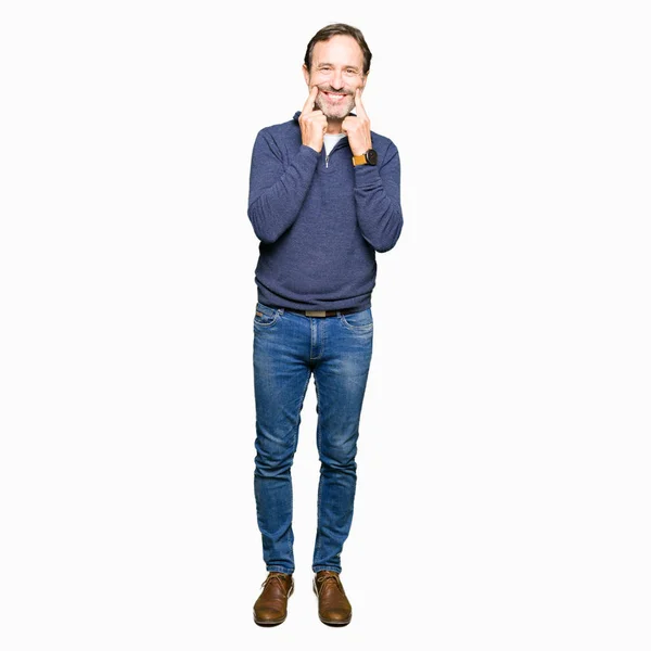 Middle Age Handsome Man Wearing Sweater Smiling Open Mouth Fingers — Stock Photo, Image