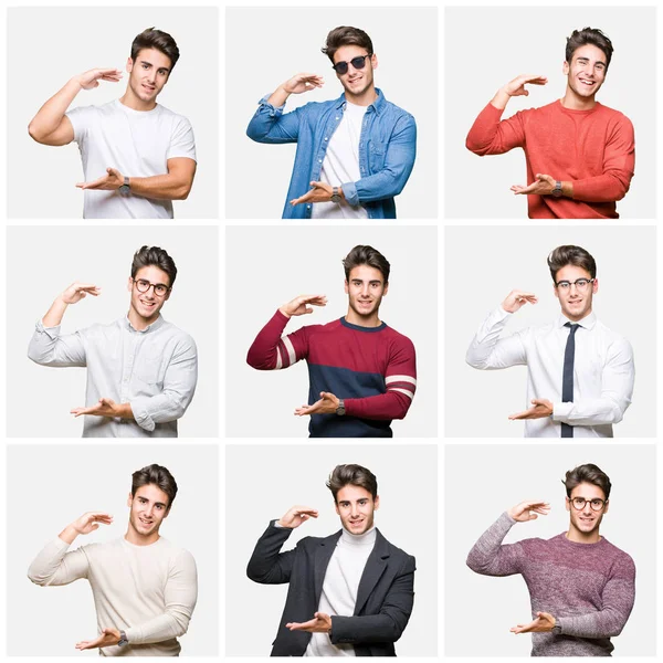 Collage Young Handsome Business Man Isolated Background Gesturing Hands Showing — Stock Photo, Image