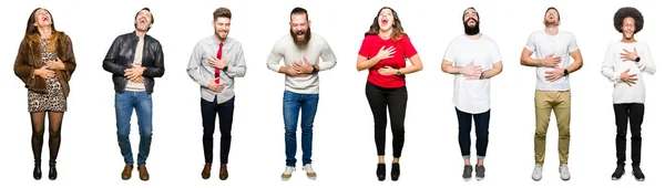 Collage Personas Sobre Fondo Blanco Aislado Sonriendo Riendo Voz Alta —  Fotos de Stock