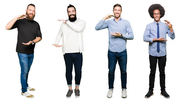 Collage Grupo Hombres Jóvenes Sobre Fondo Blanco Aislado Gesticulando Con — Foto de Stock