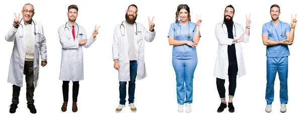 Collage Grupo Médicos Cirujanos Personas Sobre Fondo Blanco Aislado Sonriendo — Foto de Stock