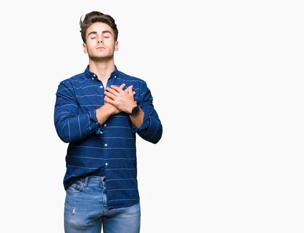 Homem Bonito Jovem Vestindo Camisa Marinha Sobre Fundo Isolado Sorrindo — Fotografia de Stock