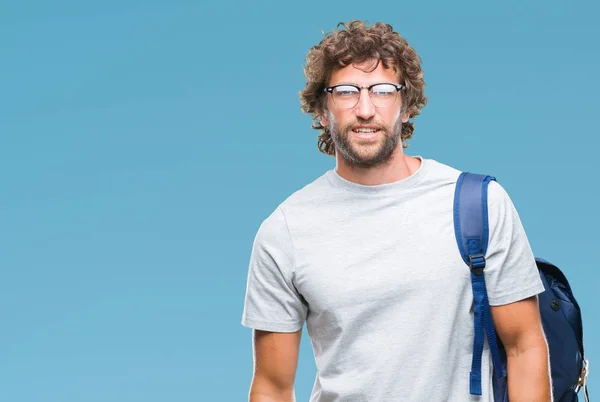 Schöner Hispanischer Student Mit Rucksack Und Brille Vor Isoliertem Hintergrund — Stockfoto