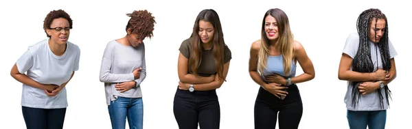 Collage Group Young Women Isolated Background Hand Stomach Because Nausea — Stock Photo, Image