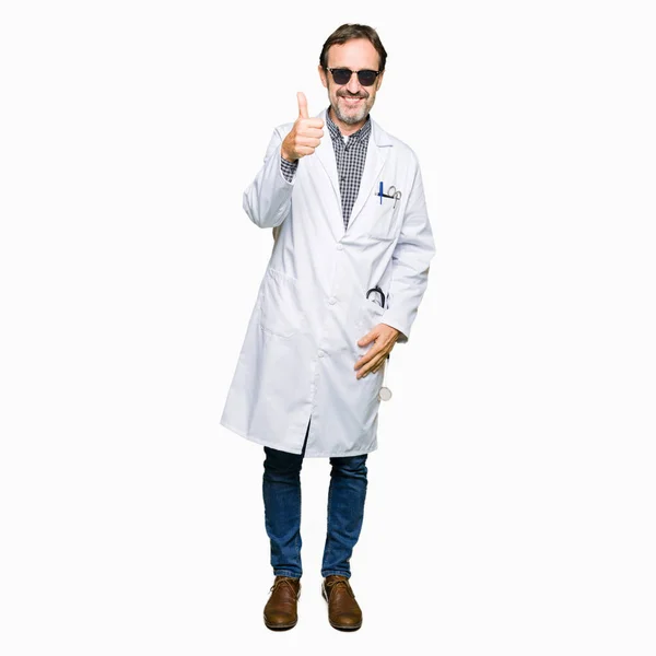 Handsome Middle Age Doctor Man Wearing Sunglasses Doing Happy Thumbs — Stock Photo, Image