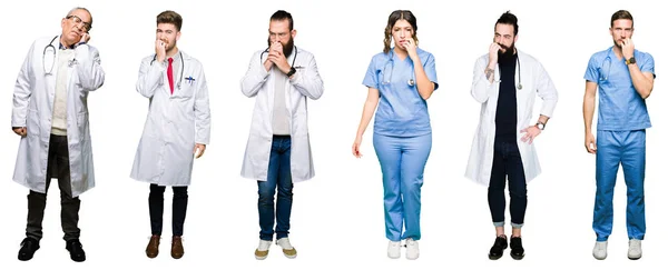 Collage Gruppo Medici Chirurghi Persone Sfondo Bianco Isolato Cercando Stressato — Foto Stock