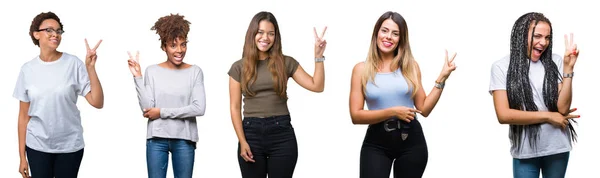 Colagem Grupo Mulheres Jovens Sobre Fundo Isolado Sorrindo Com Rosto — Fotografia de Stock