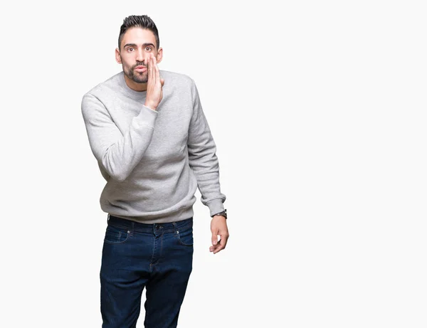 Young Handsome Man Wearing Sweatshirt Isolated Background Hand Mouth Telling — Stock Photo, Image