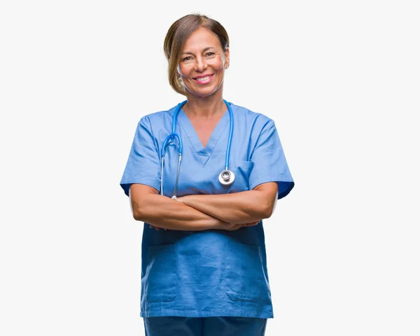 Medelåldern Ledande Sjuksköterska Läkare Kvinna Över Isolerade Bakgrund Glada Ansikte — Stockfoto